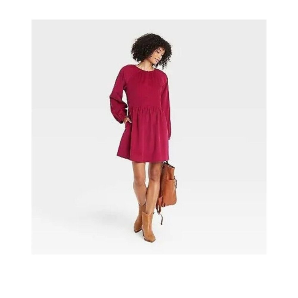 Universal Thread Women's M Red Balloon Long Sleeve Corduroy Mini Shift Dress NWT - Picture 2 of 6